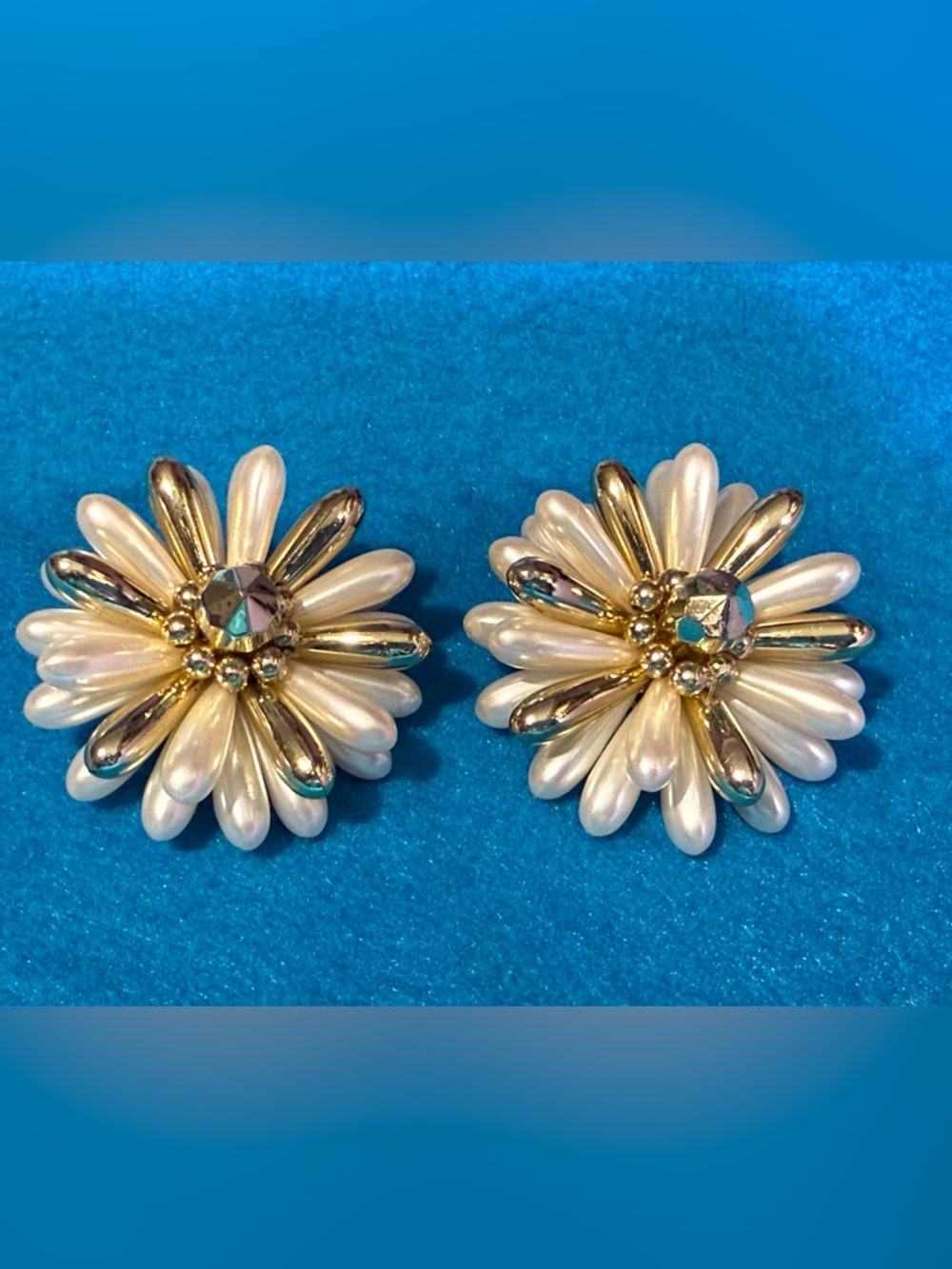 Vintage Large Statement Pearl and Gold Flower Cluster Earrings